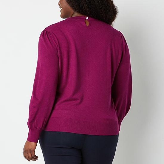 Liz Claiborne Plus Womens Crew Neck Embellished Long Sleeve