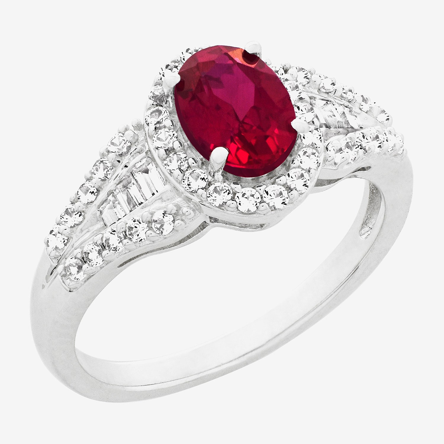 Limited Quantities! Womens Lab Created Red Ruby Sterling Silver Oval Halo Side Stone Cocktail Ring