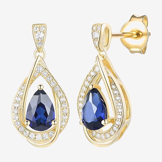 Womens Lab Created Blue Sapphire 14K Gold Over Silver Drop Earrings