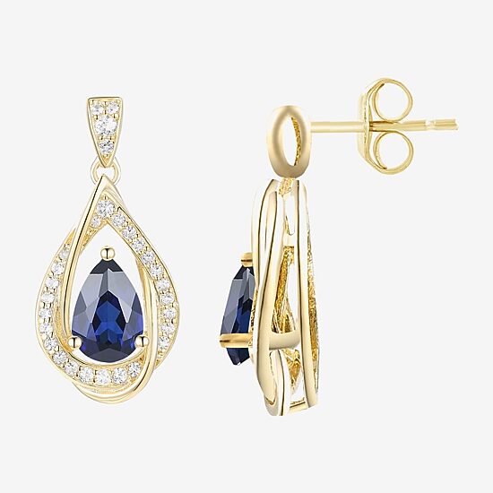 Womens Lab Created Blue Sapphire 14K Gold Over Silver Drop Earrings