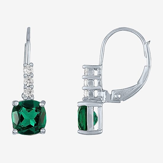 Womens Lab Created Green Emerald Sterling Silver Drop Earrings