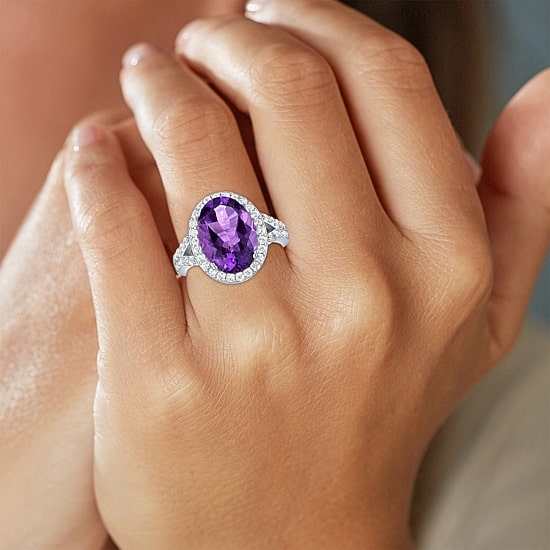Womens Genuine Purple Amethyst Sterling Silver Oval Cocktail Ring