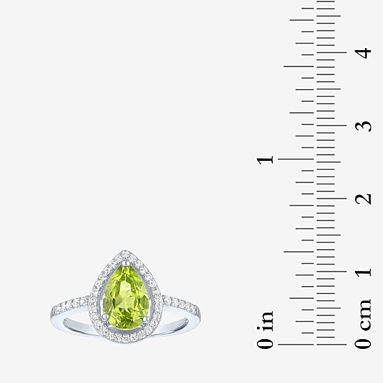 Womens Genuine Green Peridot Sterling Silver Pear Halo Side Stone Cocktail Ring