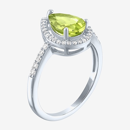 Womens Genuine Green Peridot Sterling Silver Pear Halo Side Stone Cocktail Ring