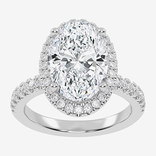 (G-H / Vs2-Si1) Womens 3 1/2 CT. T.W Lab Grown White Diamond 14K Gold Oval Side Stone Halo Engagement Ring