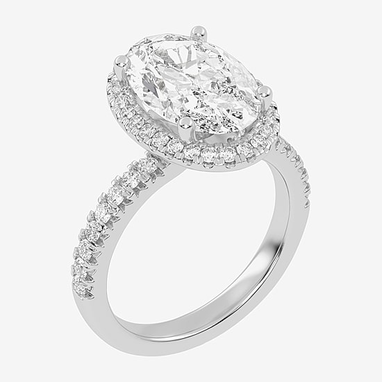 (G-H / Vs2-Si1) Womens 3 1/2 CT. T.W Lab Grown White Diamond 14K Gold Oval Side Stone Halo Engagement Ring