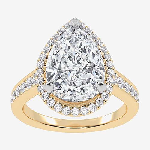 (G-H / Vs2-Si1) Womens 4 1/2 CT. T.W. Lab Grown White Diamond 14K Gold Pear Side Stone Halo Engagement Ring, 7, Yellow