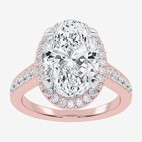 (G-H / Vs2-Si1) Womens 3 1/2 CT. T.W Lab Grown White Diamond 14K Gold Oval Side Stone Halo Engagement Ring, 8, Rose