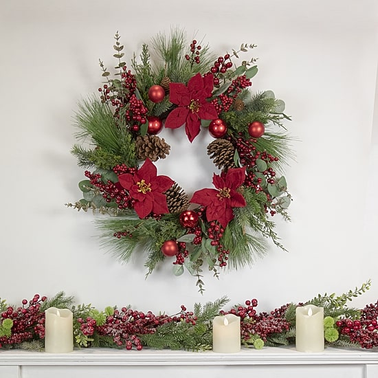 Northlight 28in Red Berry And Poinsettia Wreath