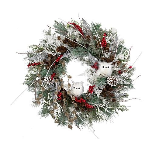 Northlight Snowy Pine Owls and Berries Artificial Christmas Wreath, 34" - Unlit - Green