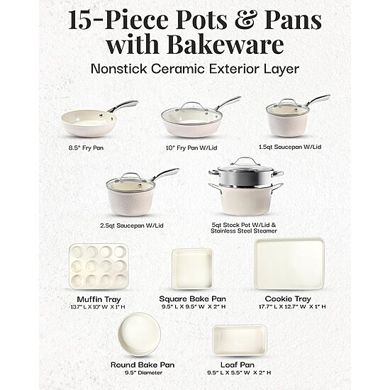Gotham Steel Hammered Cream 15-pc. Non-Stick Ceramic Cookware and Bakeware Set