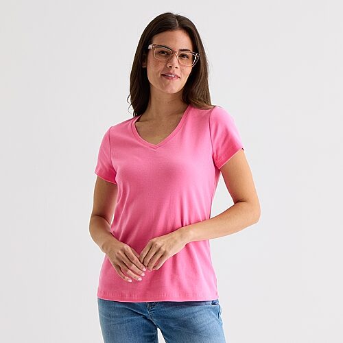 St. John's Bay Womens V Neck Short Sleeve T-Shirt, Small, Pink