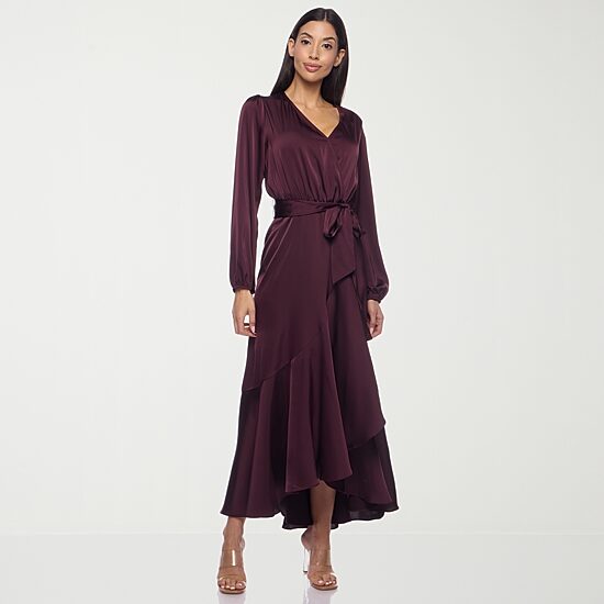 Premier Amour Womens High-Low V Neck Long Sleeve Puffed Maxi Dress