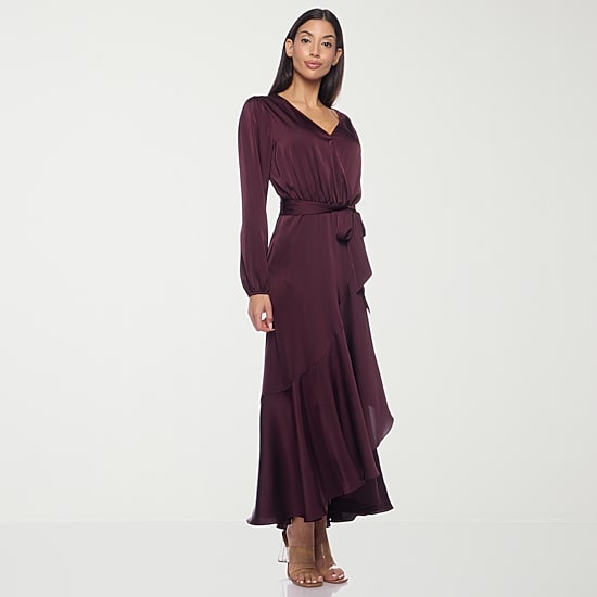 Premier Amour Womens High-Low V Neck Long Sleeve Puffed Maxi Dress