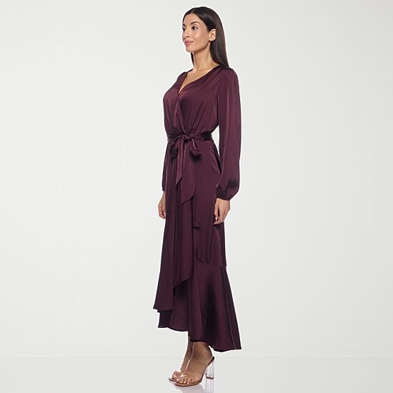 Premier Amour Womens High-Low V Neck Long Sleeve Puffed Maxi Dress