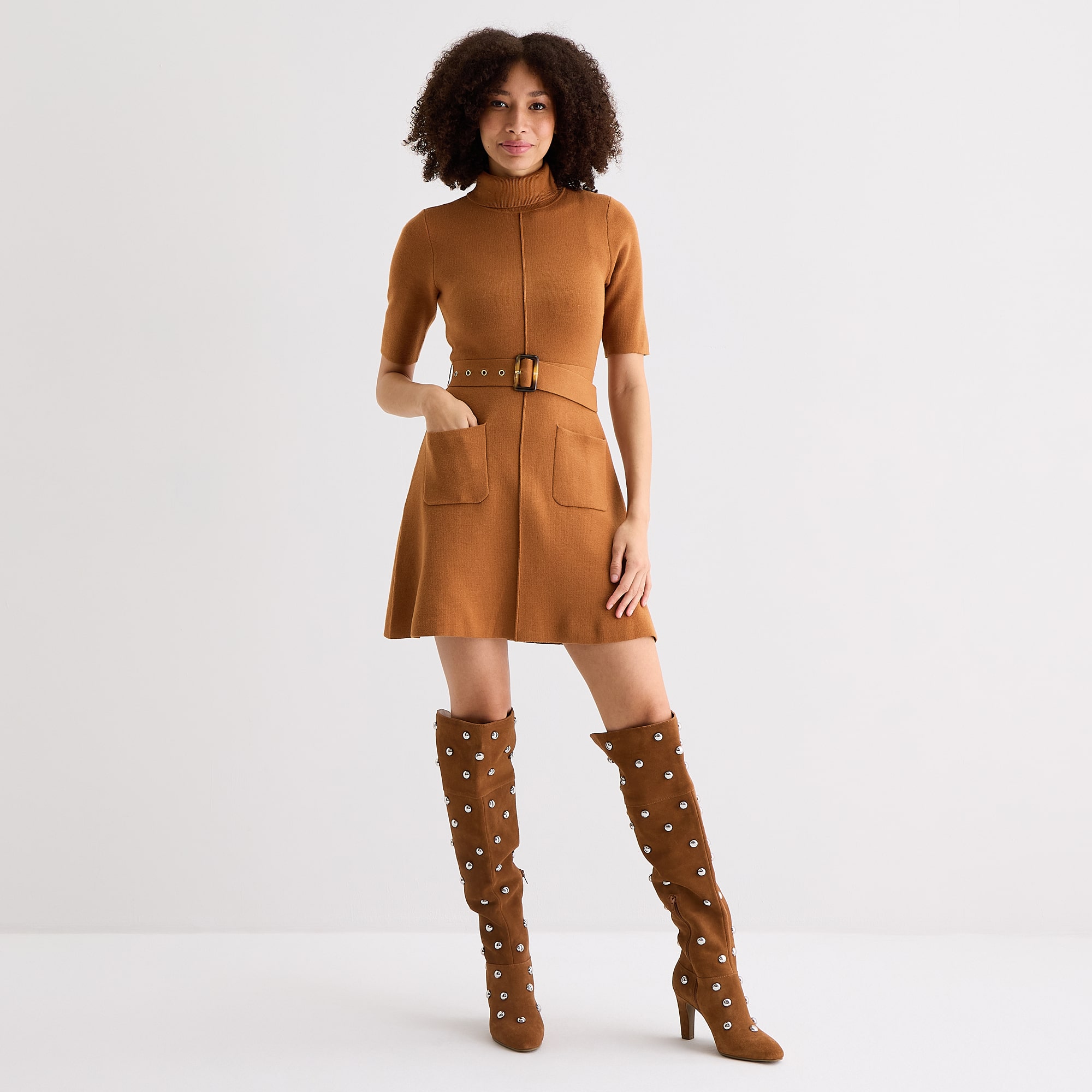 Willow Glenn Womens Short Sleeve Belted Sweater Dress