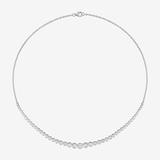 Womens White Moissanite Sterling Silver 17 Inch Tennis Necklace