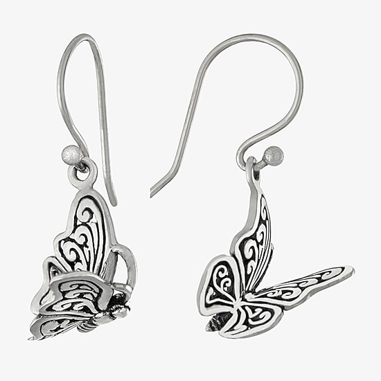 Bali Inspired Womens Sterling Silver Butterfly Drop Earrings