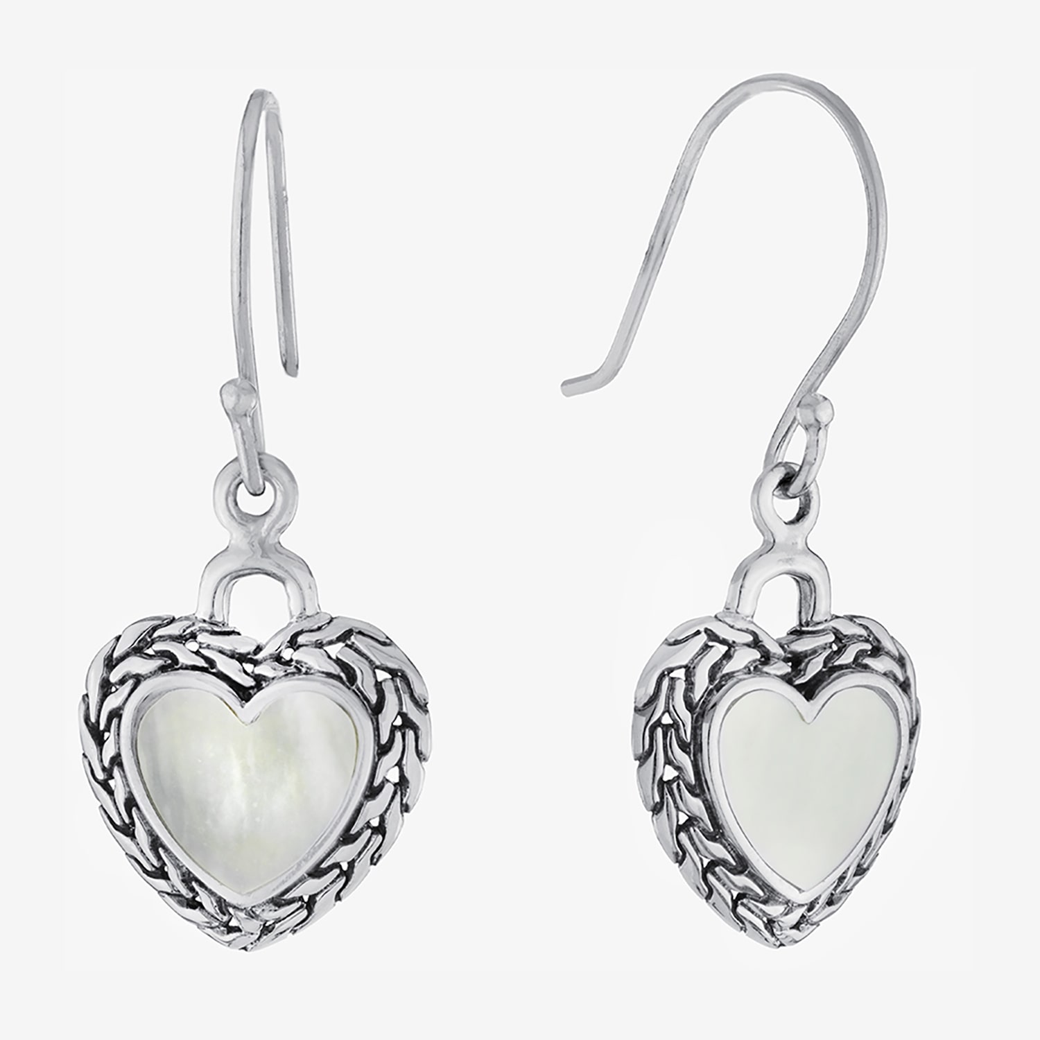 Bali Inspired Womens Genuine White Mother Of Pearl Sterling Silver Heart Drop Earrings
