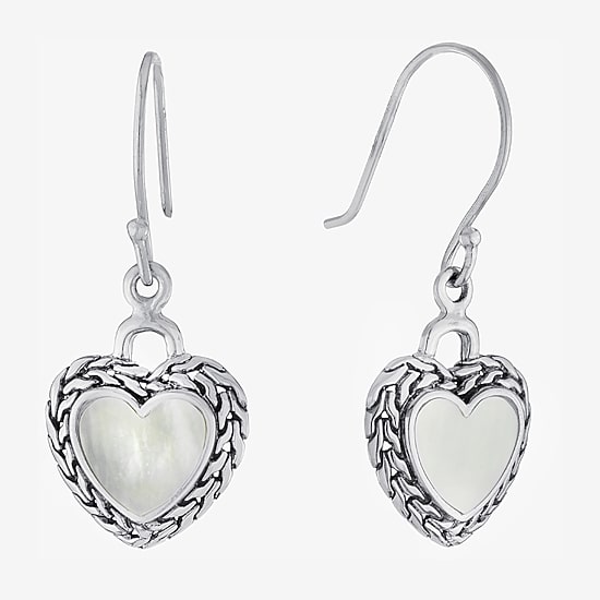 Bali Inspired Womens Genuine White Mother Of Pearl Sterling Silver Heart Drop Earrings