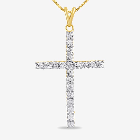 Womens 1 CT.T.W. Natural Diamond 14K Yellow Gold Cross Pendant Necklace