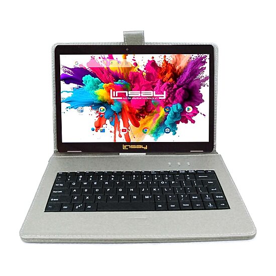 LINSAY® 10.1 Octa Core 128Gb Android 15 Tablet Silver Keyboard