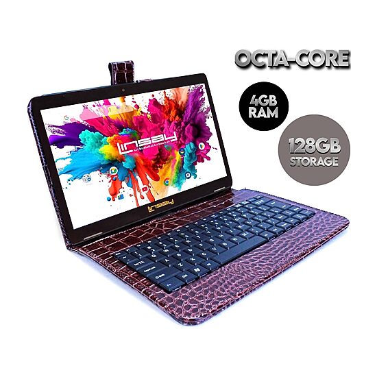 LINSAY® 10.1 Octa Core 128Gb Android 15 Tablet Brown Croc Keyboard