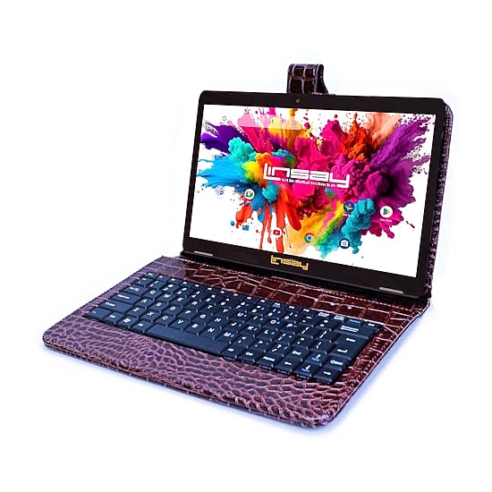 LINSAY® 10.1 Octa Core 128Gb Android 15 Tablet Brown Croc Keyboard