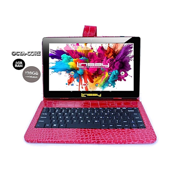 LINSAY® 10.1 Octa Core 128Gb Android 15 Tablet Red Croc Keyboard