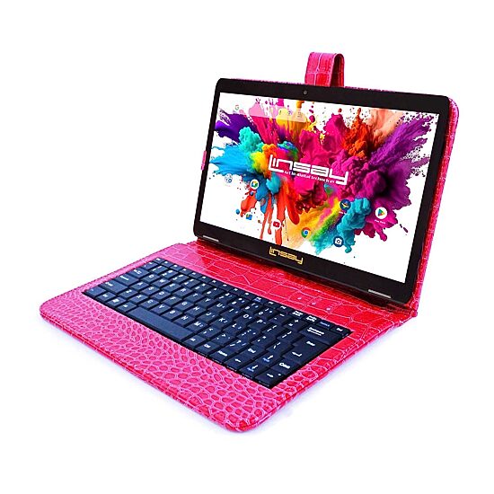 LINSAY® 10.1 Octa Core 128Gb Android 15 Tablet Red Croc Keyboard