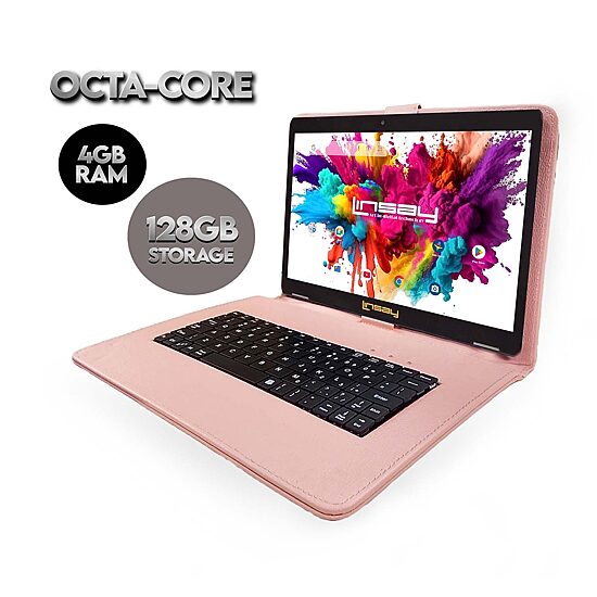 LINSAY® 10.1 Octa Core 128Gb Android 15 Tablet Pink Keyboard App