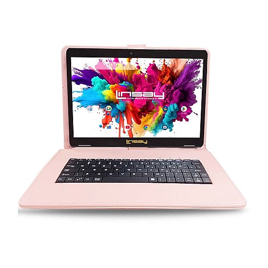 LINSAY® 10.1 Octa Core 128Gb Android 15 Tablet Pink Keyboard App