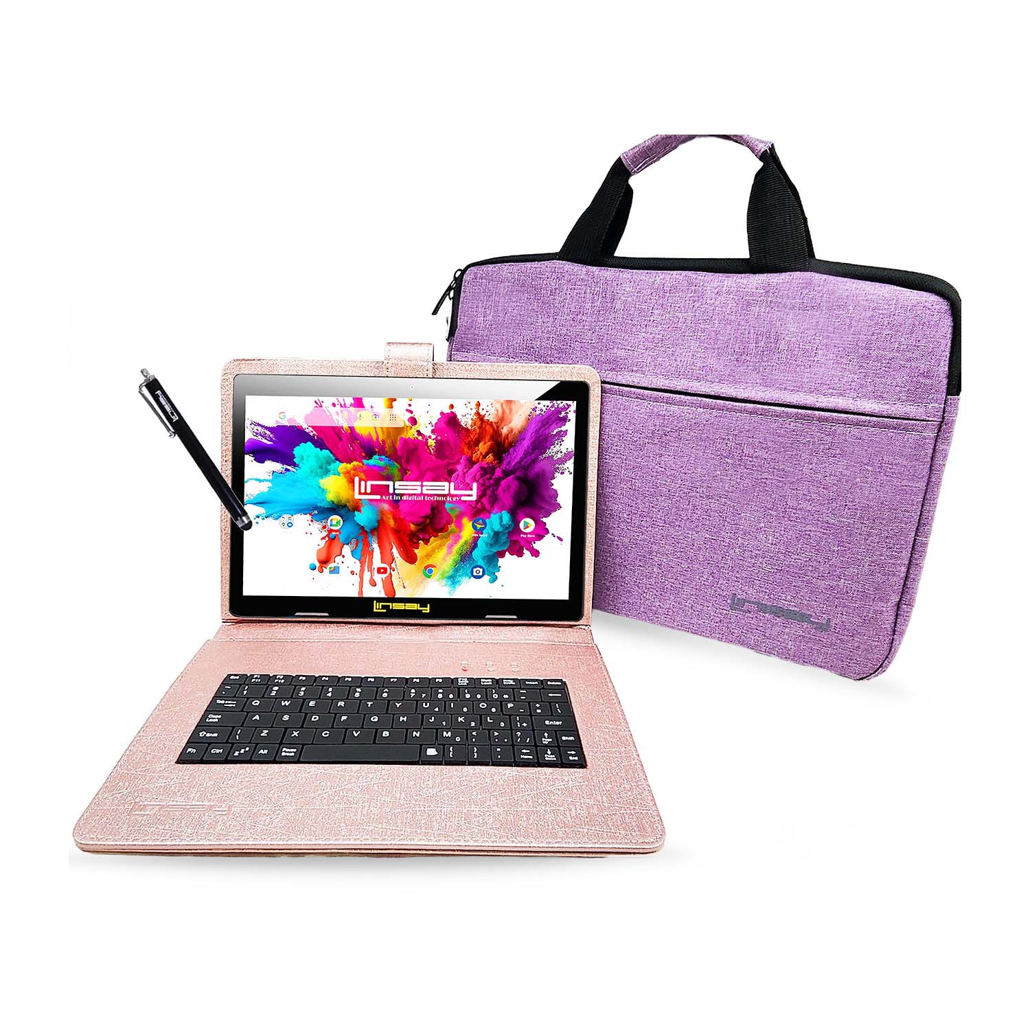 LINSAY® 10.1 Octa Core 128Gb Android 15 Tablet Pink Keyboard
