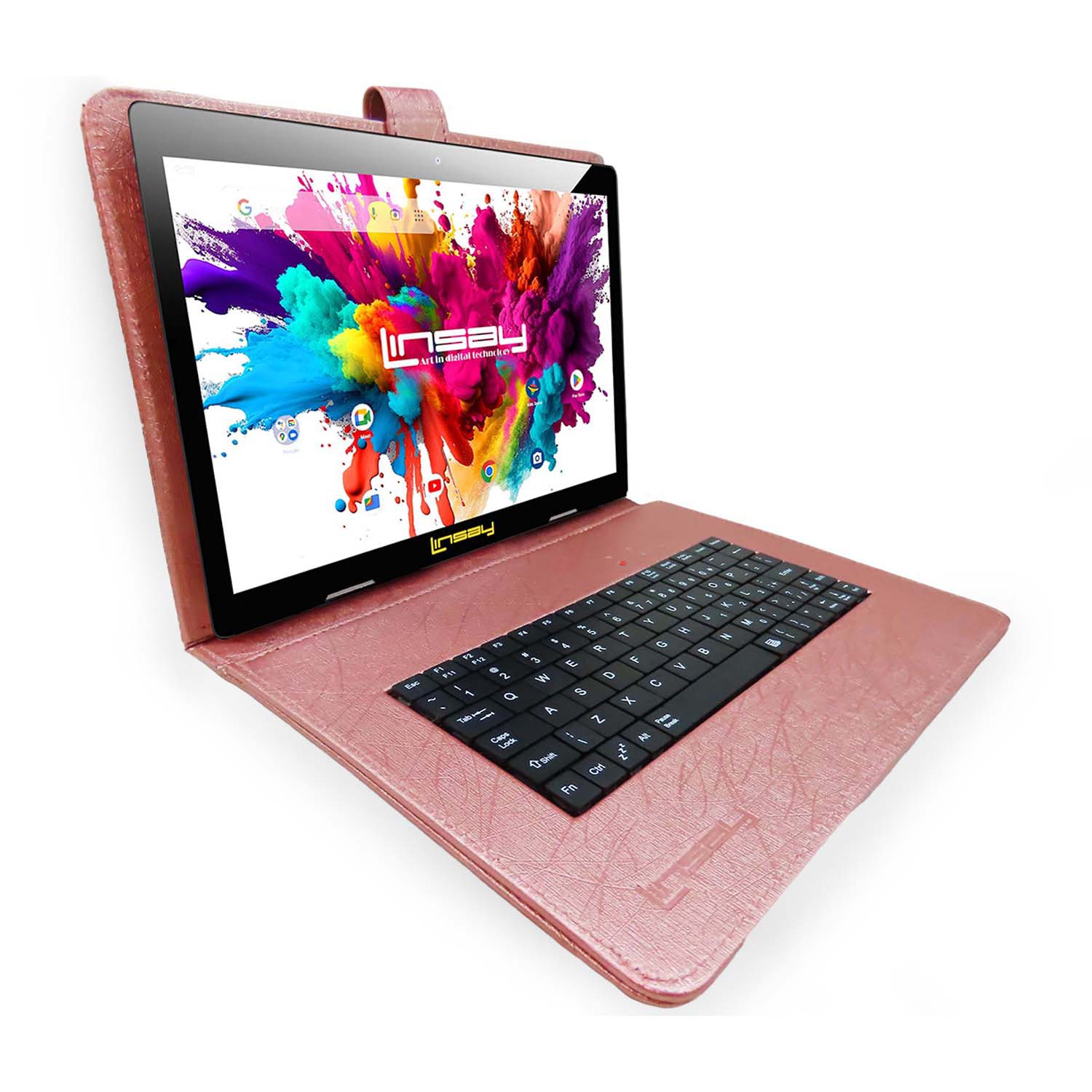 LINSAY® 10.1 Octa Core 128Gb Android 15 Tablet Pink Keyboard