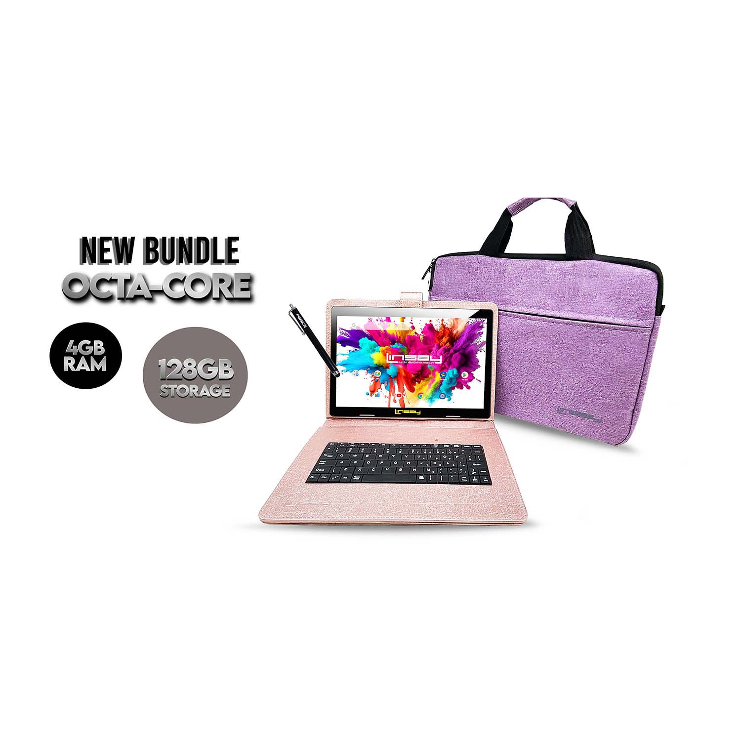 LINSAY® 10.1 Octa Core 128Gb Android 15 Tablet Pink Keyboard