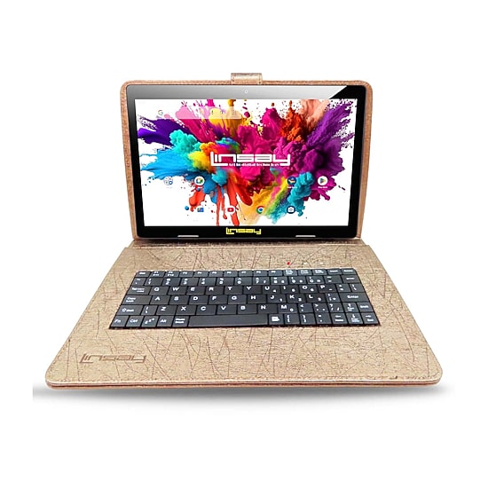 LINSAY® 10.1 Octa Core 128Gb Android 15 Tablet Brown Keyboard