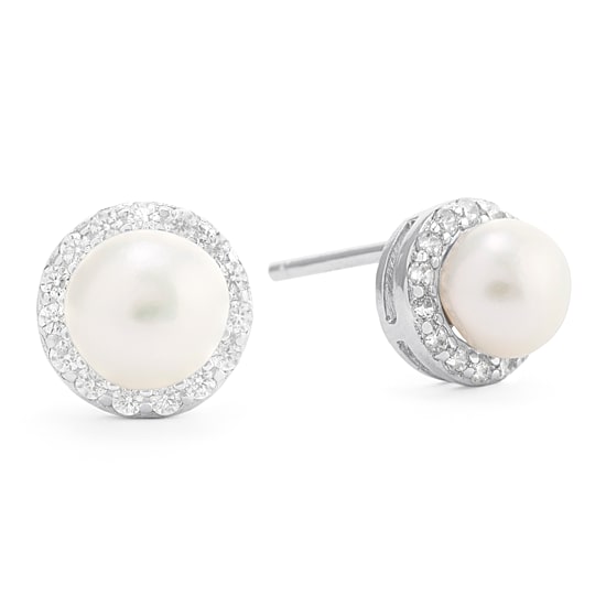 Silver Treasures White Cultured Freshwater Pearl 8.5mm Round Stud Earrings