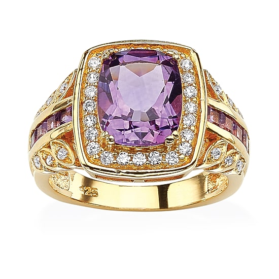 Womens Genuine Purple Amethyst 14K Gold Over Silver Halo Cocktail Ring