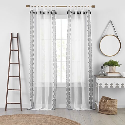 Elrene Home Fashions Shilo Boho Sheer Tab Top Window Curtain Panel with Tassels - Black