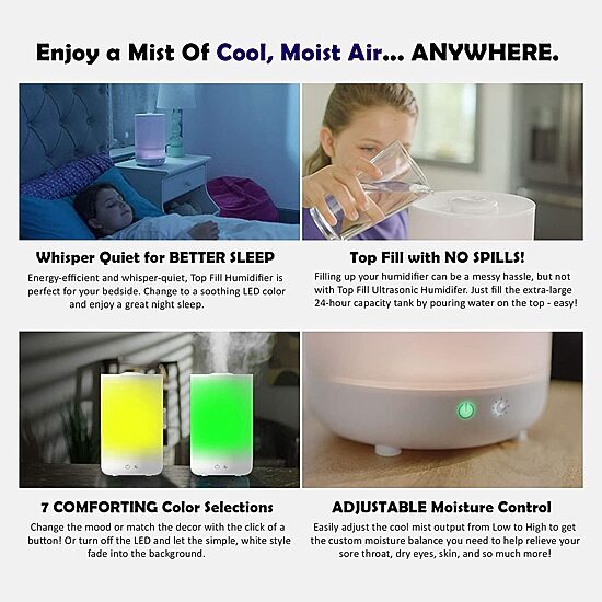 Bell + Howell Top Fill Humidifier, Aroma Diffuser & Mood Light