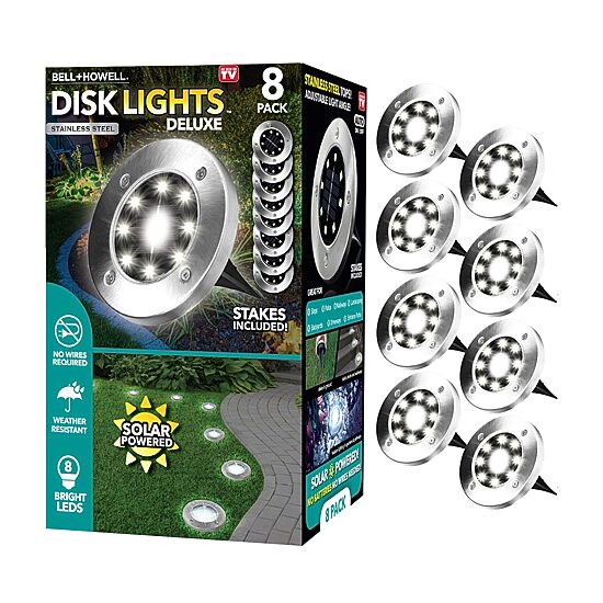 Bell + Howell 8 LED Super Bright Solar Powered Round Disk Light with Auto On/Off Lighting and Waterproof Rust-Free Stainless Tops - 8 Pack