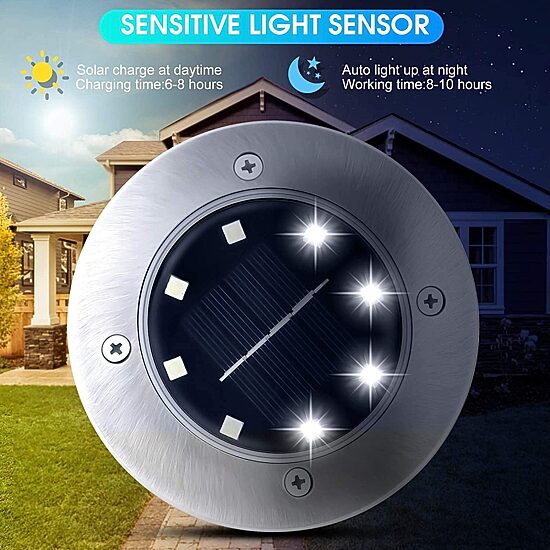 Bell + Howell 8 LED Super Bright Solar Powered Round Disk Light with Auto On/Off Lighting and Waterproof Rust-Free Stainless Tops - 8 Pack