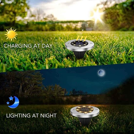 Bell + Howell 8 LED Super Bright Solar Powered Round Disk Light with Auto On/Off Lighting and Waterproof Rust-Free Stainless Tops - 8 Pack