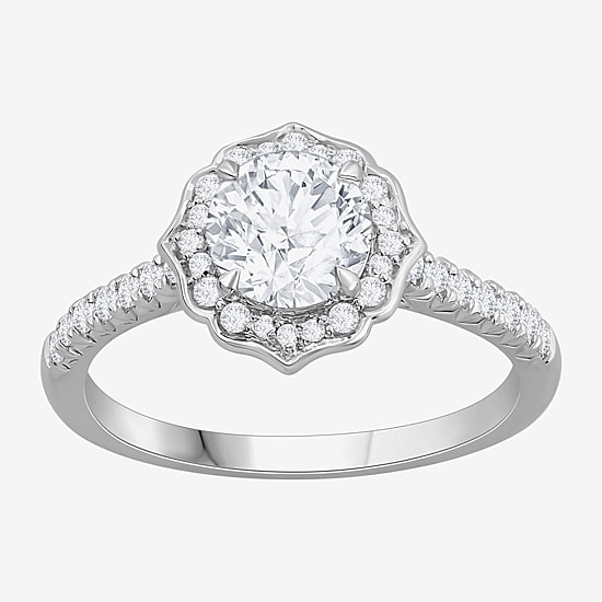 (H-I / Si1) Womens 1 1/4 CT. T.W. Lab Grown White Diamond 14K Gold Round Side Stone Halo Engagement Ring