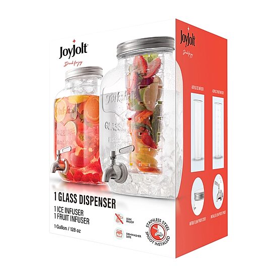 Joyjolt Glass Drink With Spigot; Ice Infuser; & Fruit Infuser - 1 Gallon Beverage Dispenser