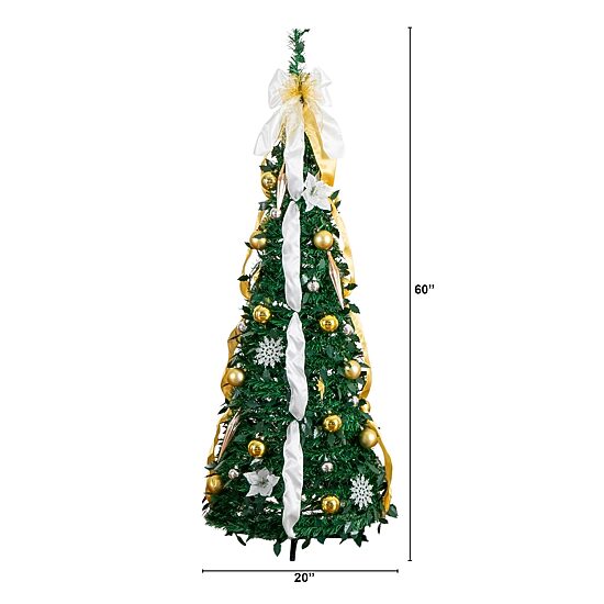 Nearly Natural 5 Foot Pre-Lit Collapsible Pre-Decorated Pine Christmas Tree