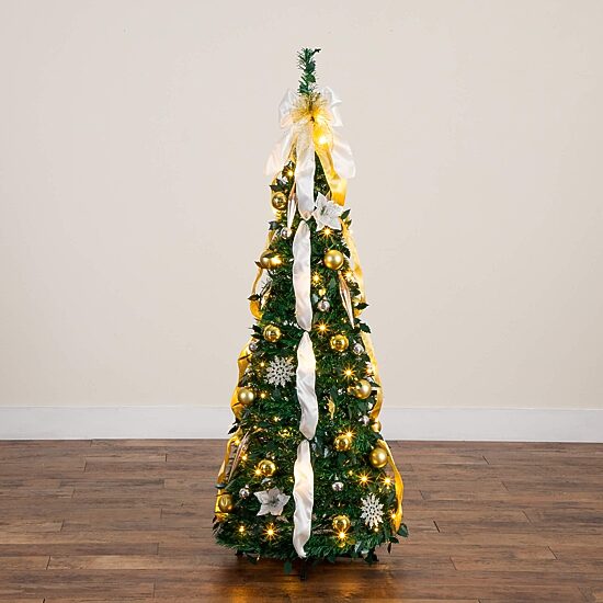 Nearly Natural 5 Foot Pre-Lit Collapsible Pre-Decorated Pine Christmas Tree