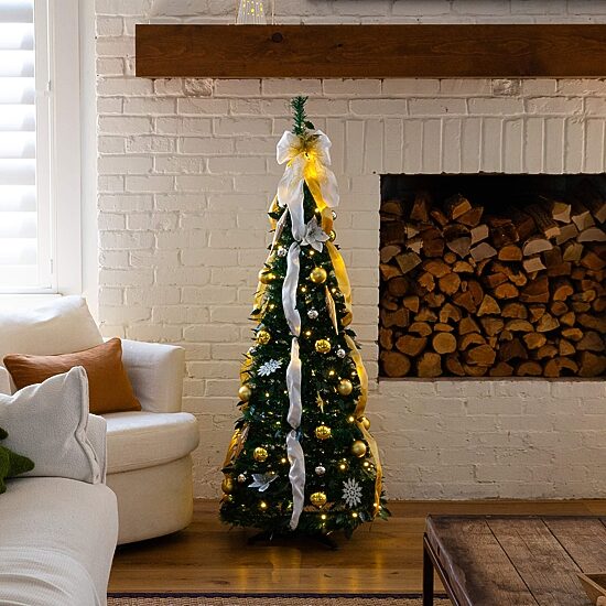 Nearly Natural 5 Foot Pre-Lit Collapsible Pre-Decorated Pine Christmas Tree