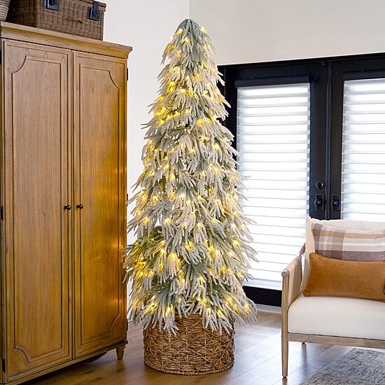 Nearly Natural 7 Foot Pre-Lit Flocked Pine Christmas Tree
