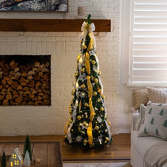 Nearly Natural 6 Foot Pre-Lit Collapsible Pre-Decorated Pine Christmas Tree